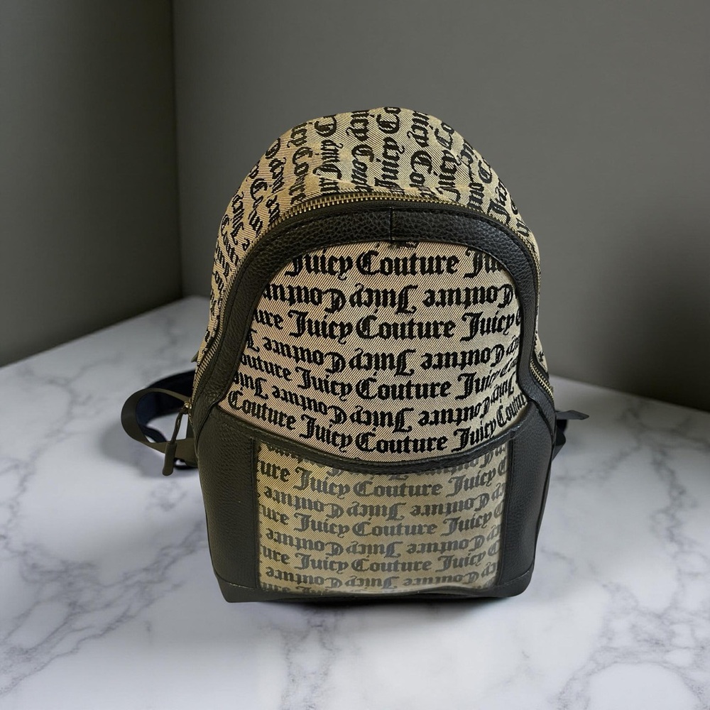 Juicy Couture Mini Backpack Logo Print Beige Black Canvas Faux Leather Bag